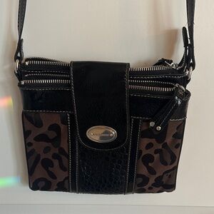 Nine West Black and Brown Animal Print Crossbody Bag with lots of pockets